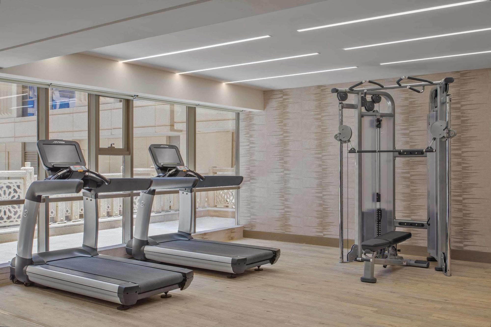 ホテル ジャバール オマール ハイアット リージェンシー マカー メッカ エクステリア 写真 The photo shows a modern gym area featuring two treadmills positioned side by side. Next to them is a multi-functional gym machine designed for strength training, which includes various attachments for different exercises. The gym has a bright, airy 